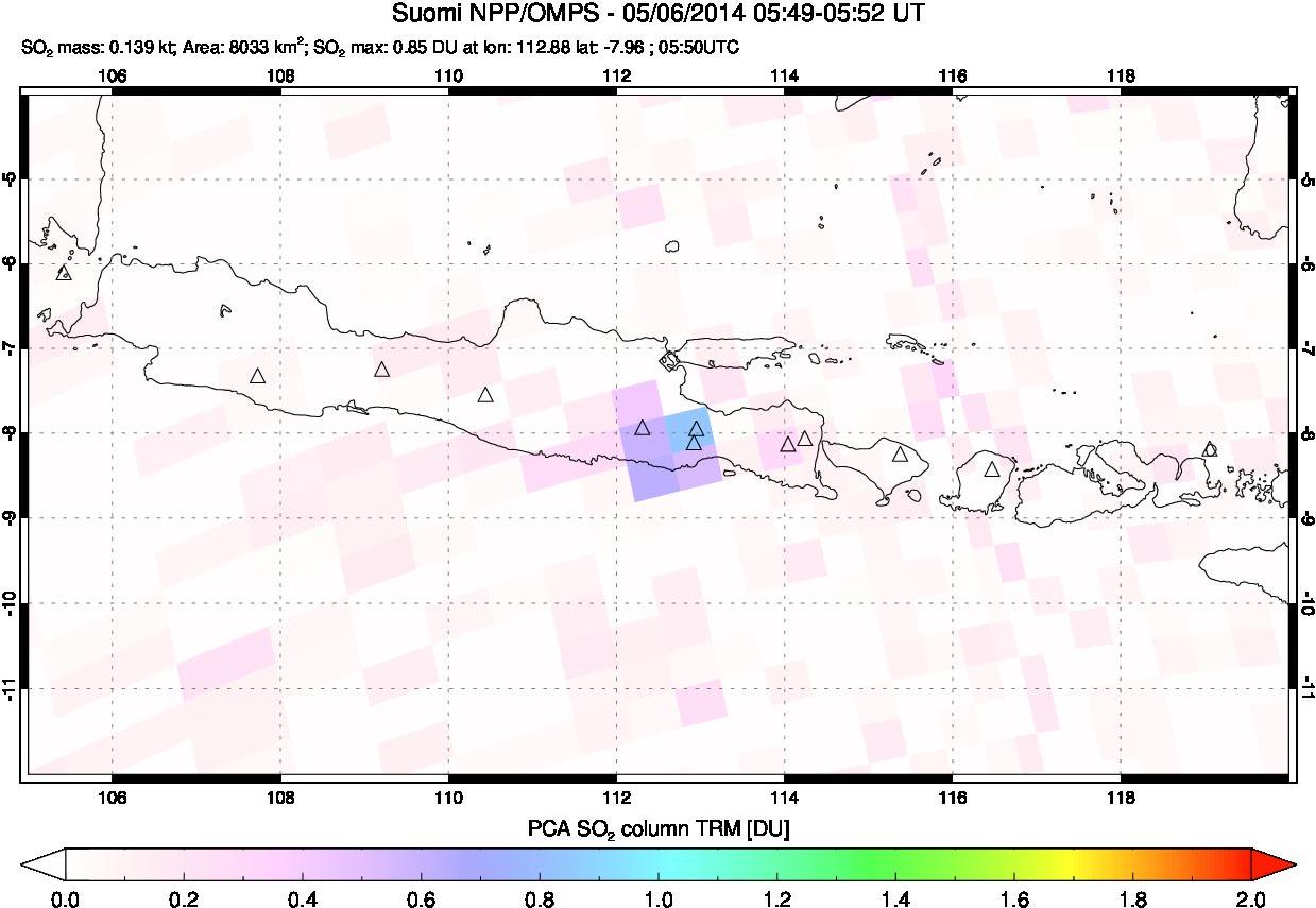 A sulfur dioxide image over Java, Indonesia on May 06, 2014.