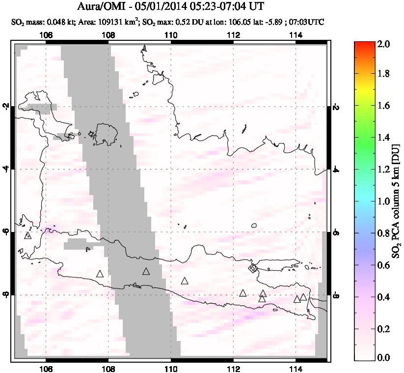 A sulfur dioxide image over Java, Indonesia on May 01, 2014.