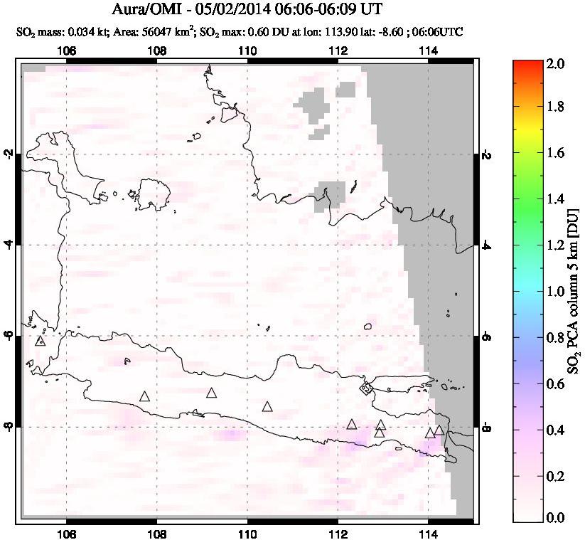 A sulfur dioxide image over Java, Indonesia on May 02, 2014.