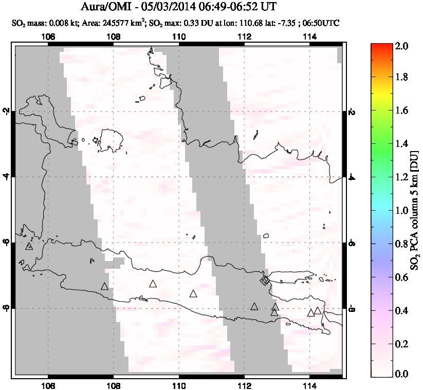 A sulfur dioxide image over Java, Indonesia on May 03, 2014.