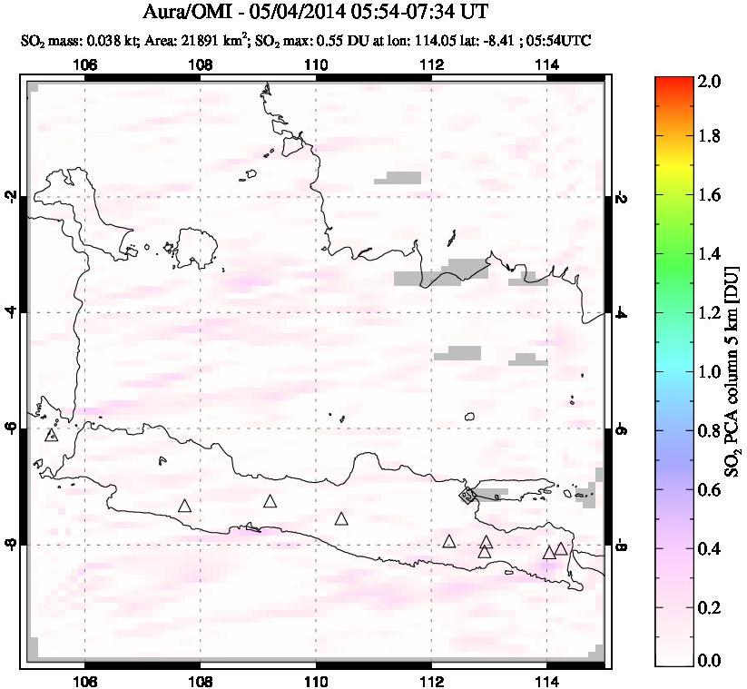 A sulfur dioxide image over Java, Indonesia on May 04, 2014.
