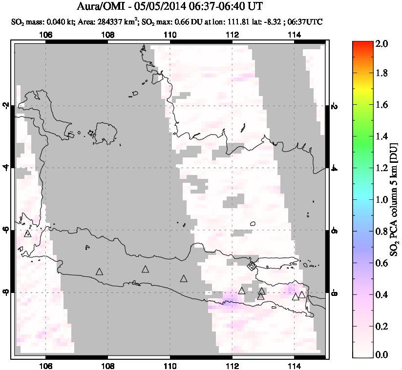 A sulfur dioxide image over Java, Indonesia on May 05, 2014.