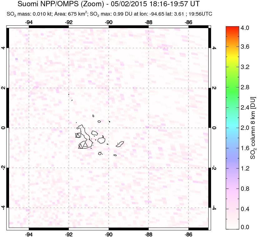 A sulfur dioxide image over Galápagos Islands on May 02, 2015.