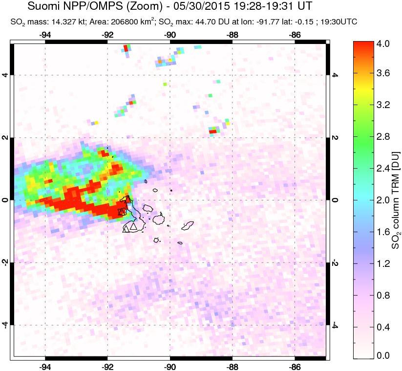 A sulfur dioxide image over Galápagos Islands on May 30, 2015.