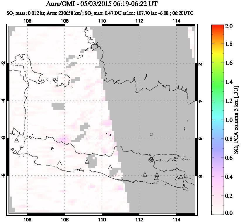 A sulfur dioxide image over Java, Indonesia on May 03, 2015.
