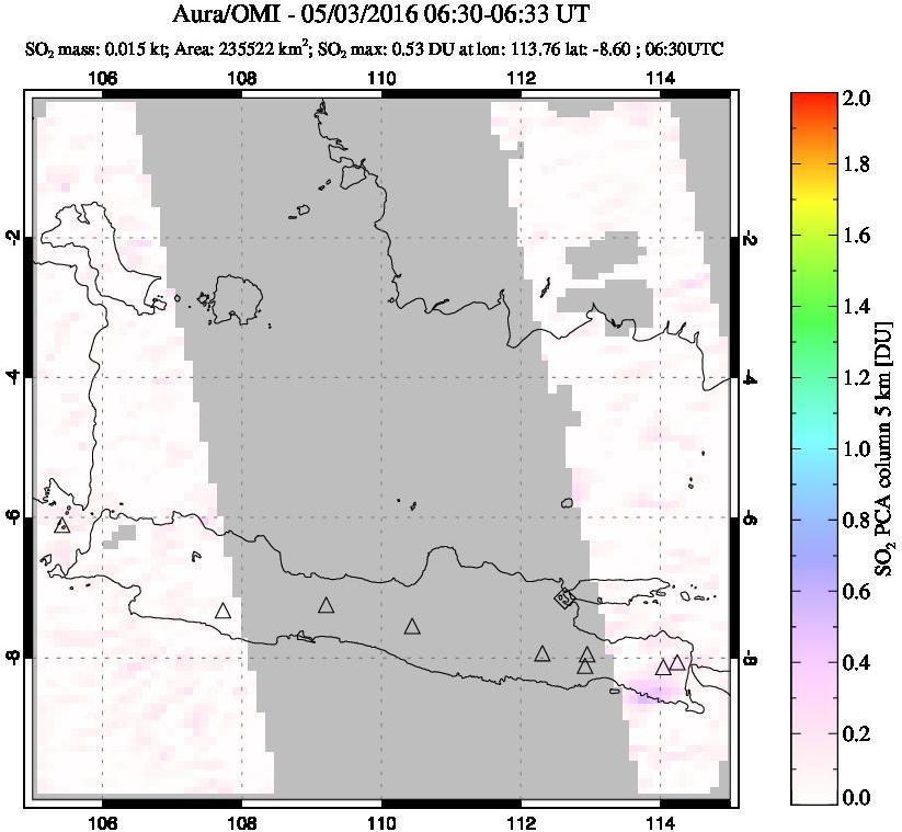 A sulfur dioxide image over Java, Indonesia on May 03, 2016.