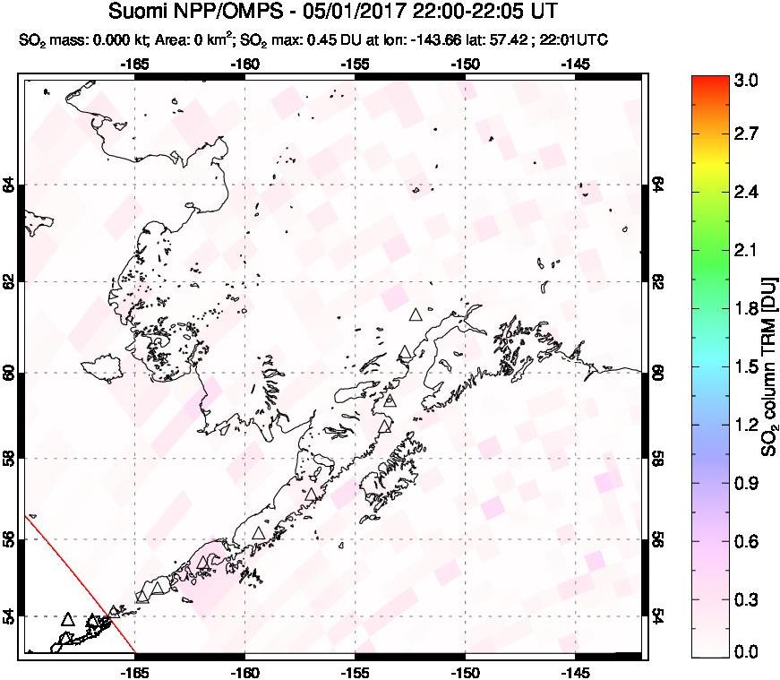 A sulfur dioxide image over Alaska, USA on May 01, 2017.