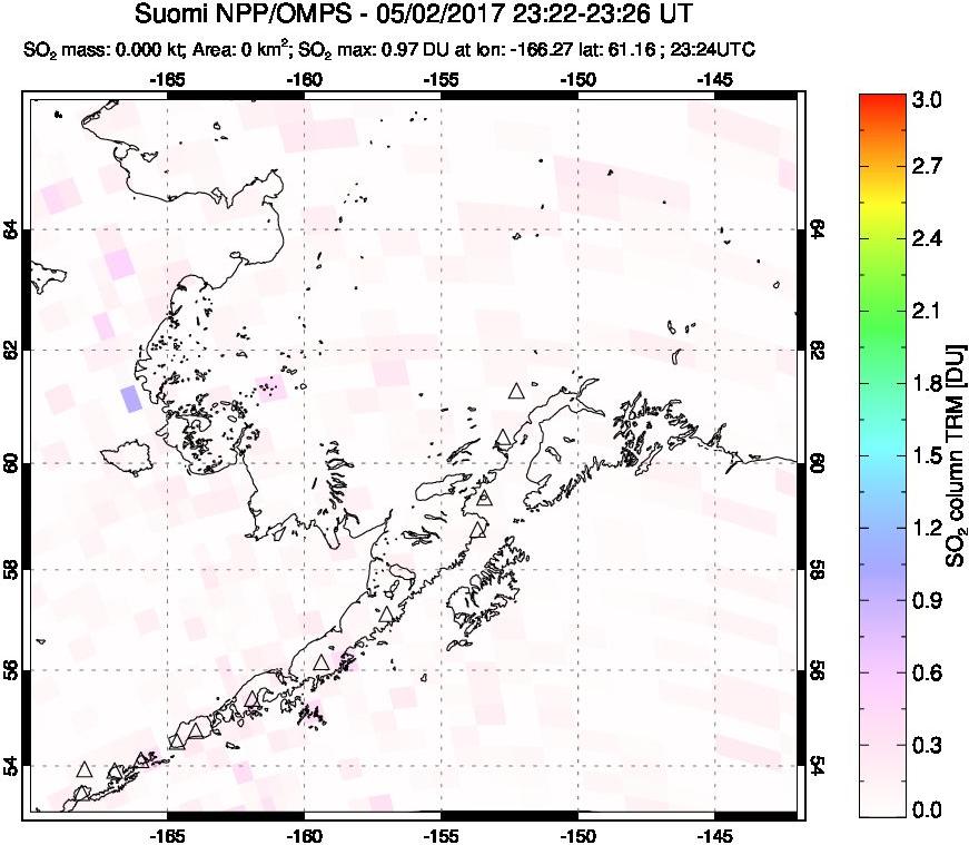 A sulfur dioxide image over Alaska, USA on May 02, 2017.