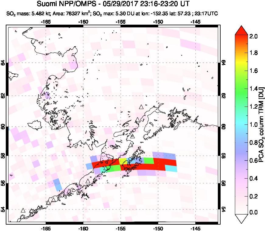 A sulfur dioxide image over Alaska, USA on May 29, 2017.
