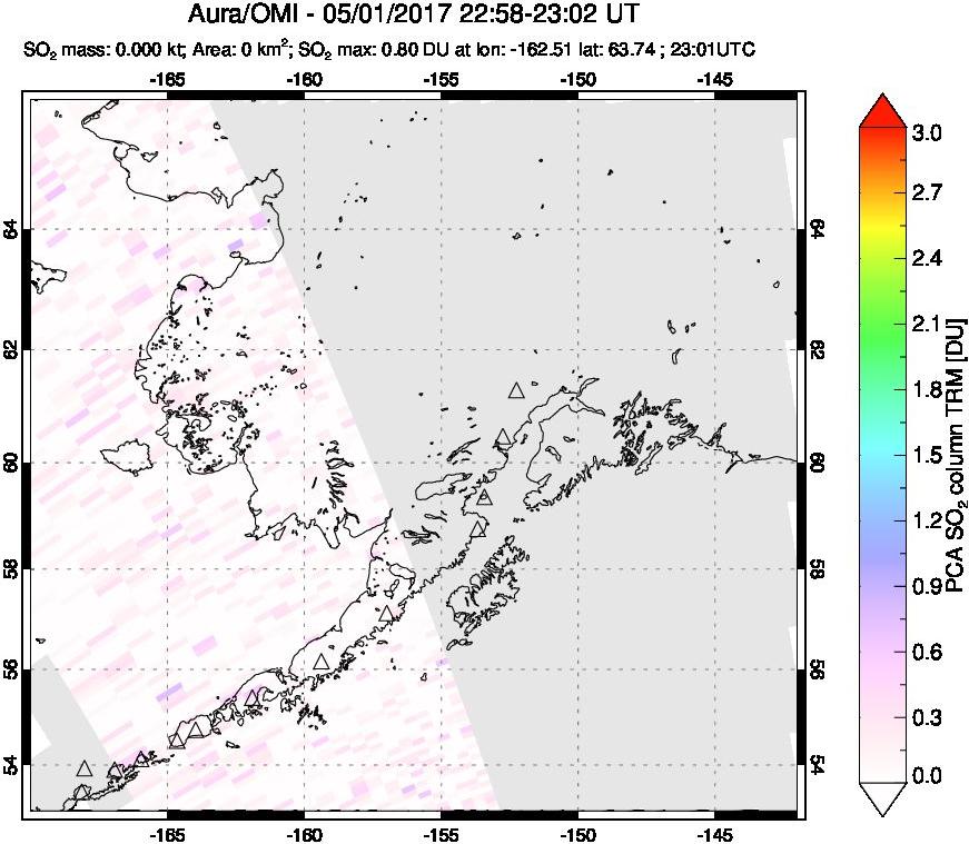 A sulfur dioxide image over Alaska, USA on May 01, 2017.