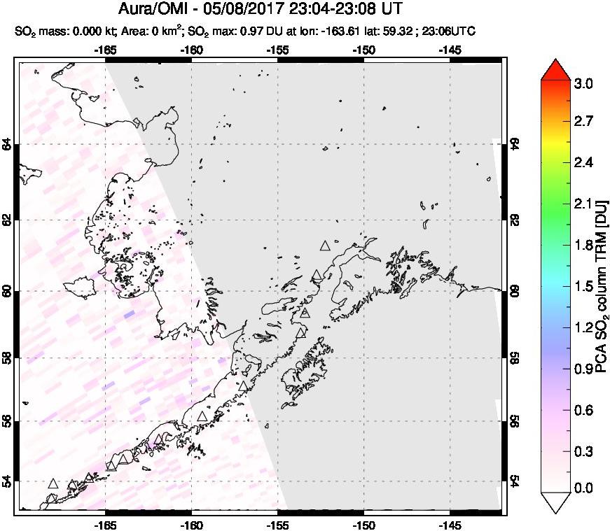 A sulfur dioxide image over Alaska, USA on May 08, 2017.