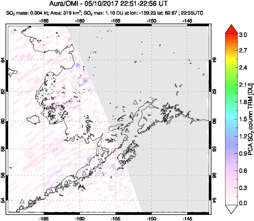 A sulfur dioxide image over Alaska, USA on May 10, 2017.