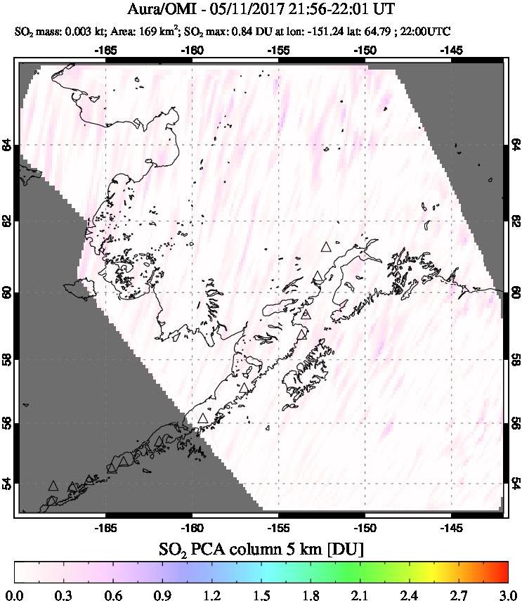 A sulfur dioxide image over Alaska, USA on May 11, 2017.