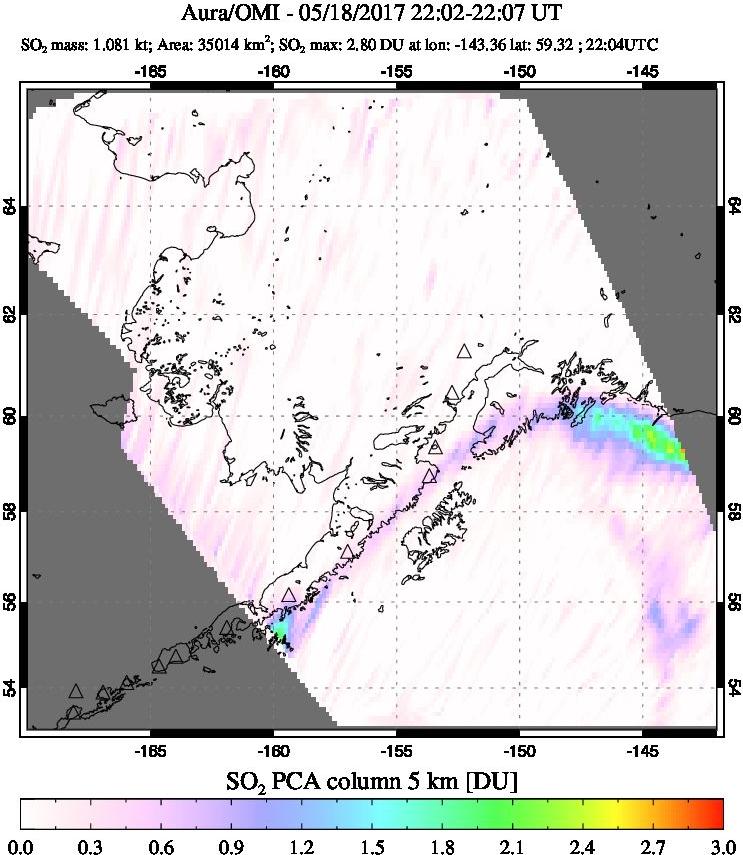 A sulfur dioxide image over Alaska, USA on May 18, 2017.