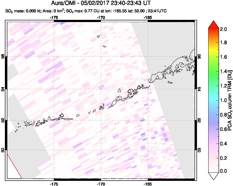 A sulfur dioxide image over Aleutian Islands, Alaska, USA on May 02, 2017.