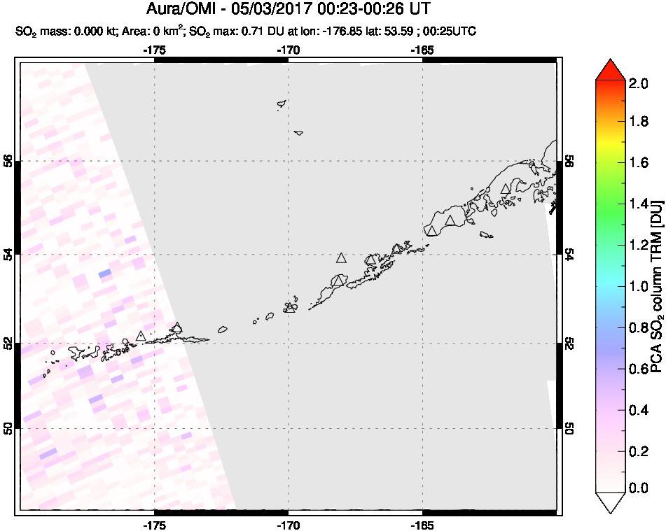 A sulfur dioxide image over Aleutian Islands, Alaska, USA on May 03, 2017.