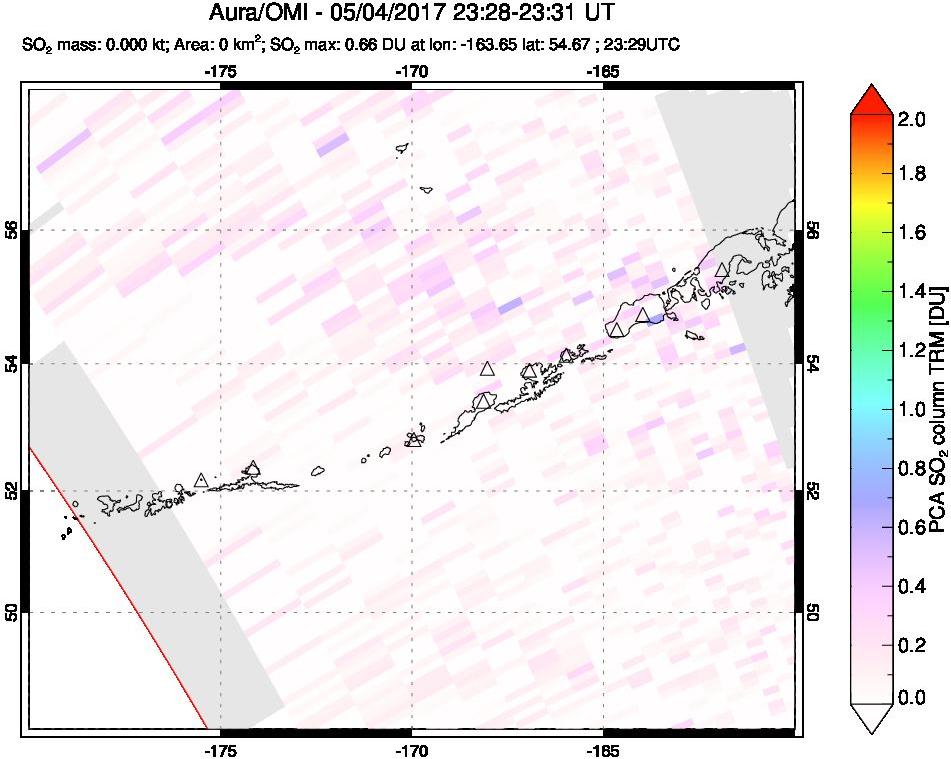 A sulfur dioxide image over Aleutian Islands, Alaska, USA on May 04, 2017.