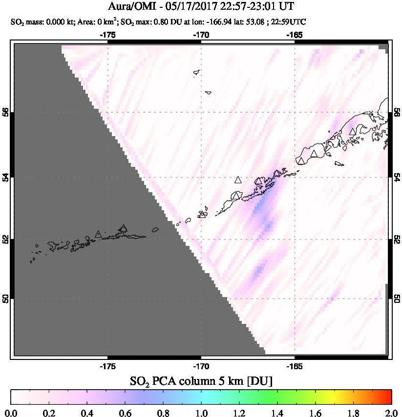 A sulfur dioxide image over Aleutian Islands, Alaska, USA on May 17, 2017.