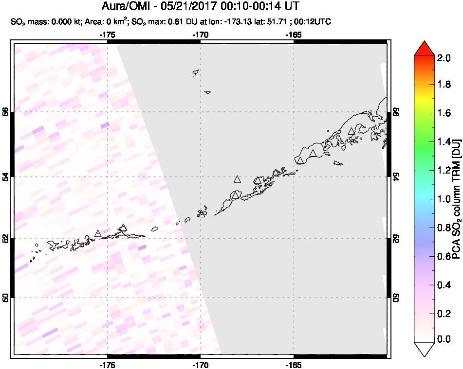 A sulfur dioxide image over Aleutian Islands, Alaska, USA on May 21, 2017.