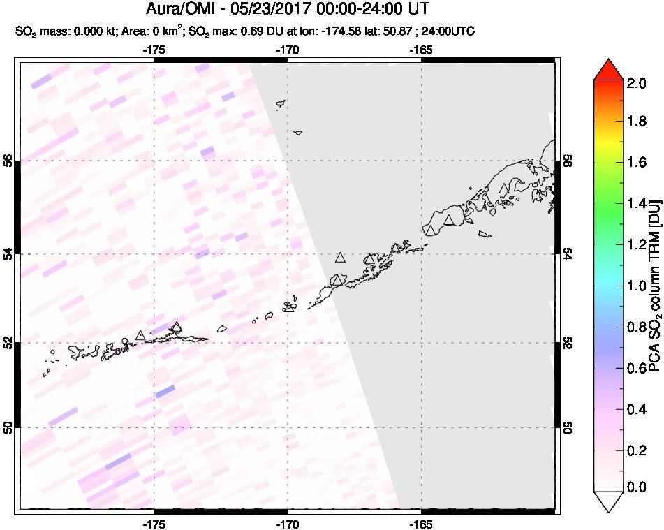A sulfur dioxide image over Aleutian Islands, Alaska, USA on May 23, 2017.