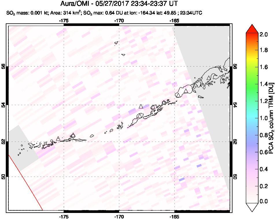A sulfur dioxide image over Aleutian Islands, Alaska, USA on May 27, 2017.