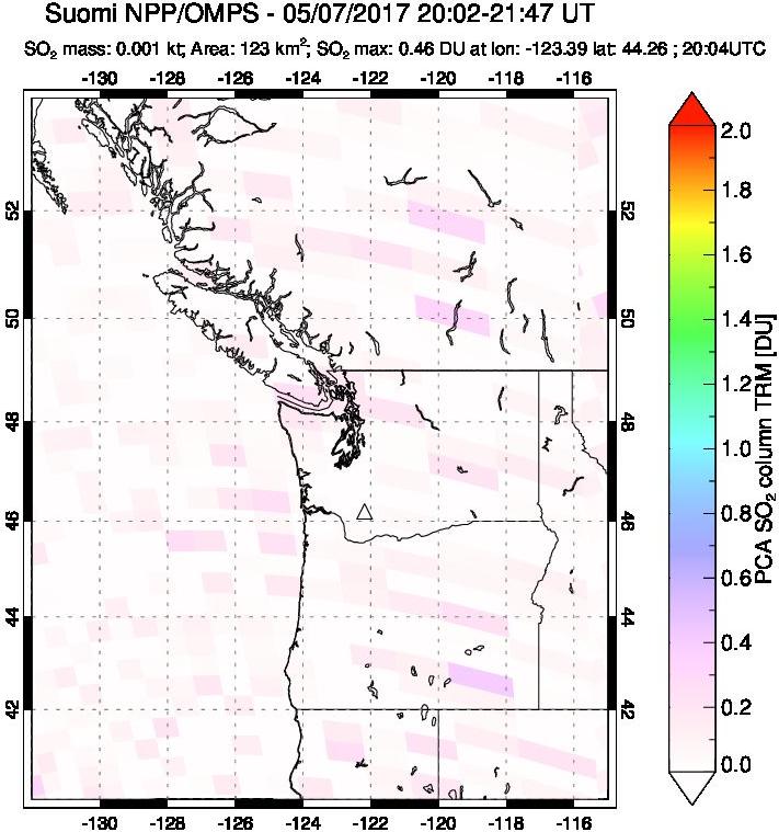 A sulfur dioxide image over Cascade Range, USA on May 07, 2017.