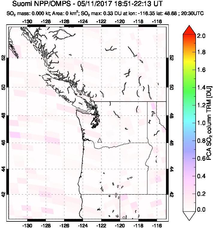 A sulfur dioxide image over Cascade Range, USA on May 11, 2017.