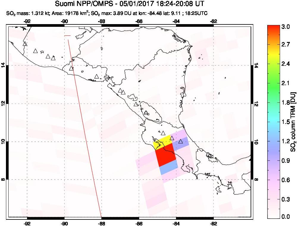 A sulfur dioxide image over Central America on May 01, 2017.