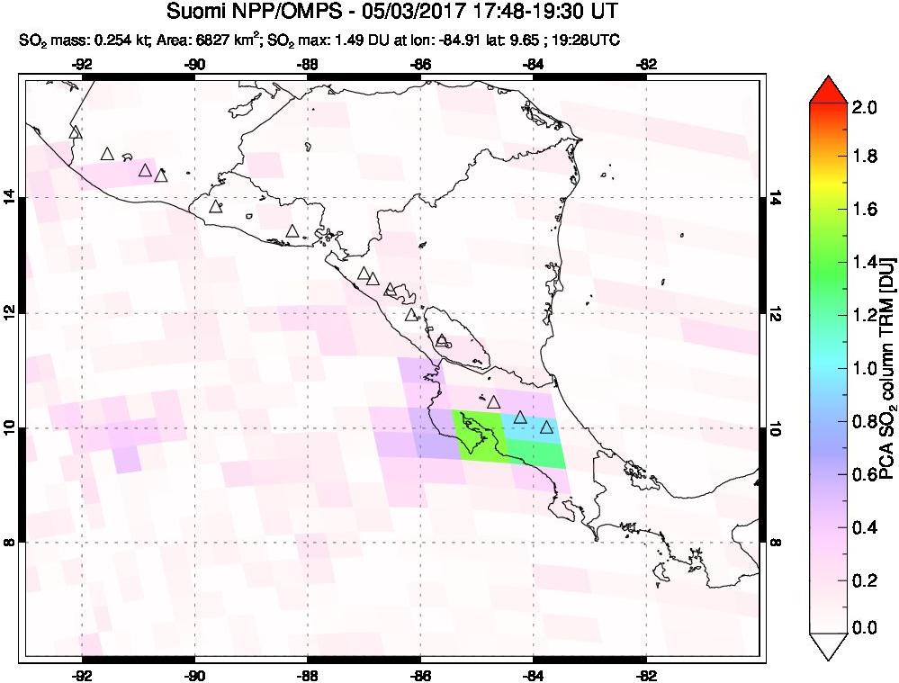 A sulfur dioxide image over Central America on May 03, 2017.
