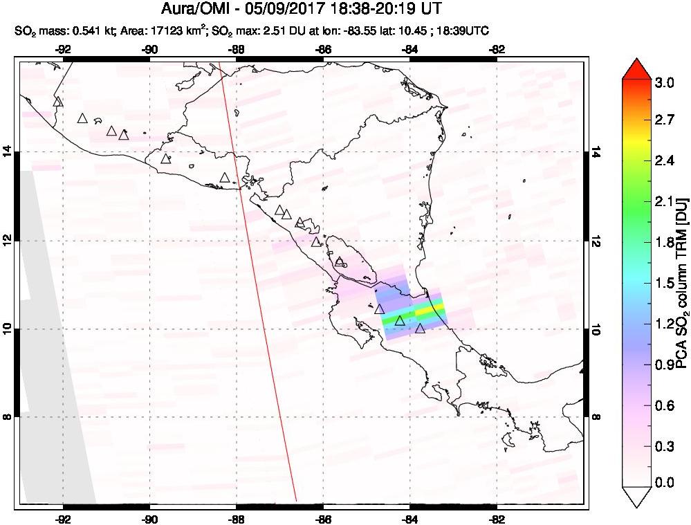 A sulfur dioxide image over Central America on May 09, 2017.