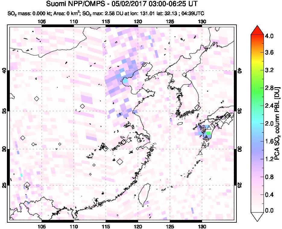 A sulfur dioxide image over Eastern China on May 02, 2017.