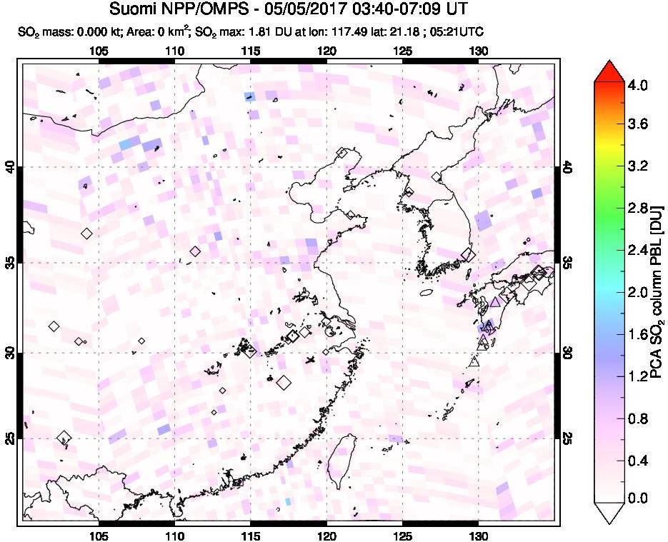 A sulfur dioxide image over Eastern China on May 05, 2017.