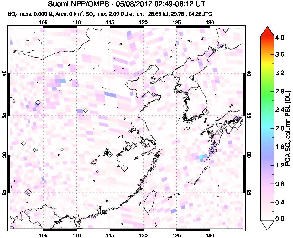 A sulfur dioxide image over Eastern China on May 08, 2017.