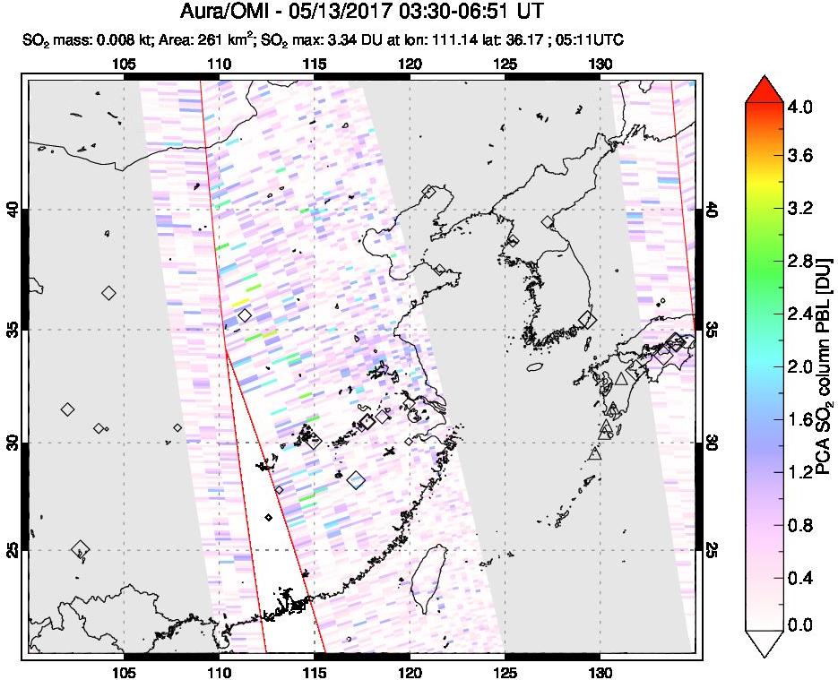 A sulfur dioxide image over Eastern China on May 13, 2017.