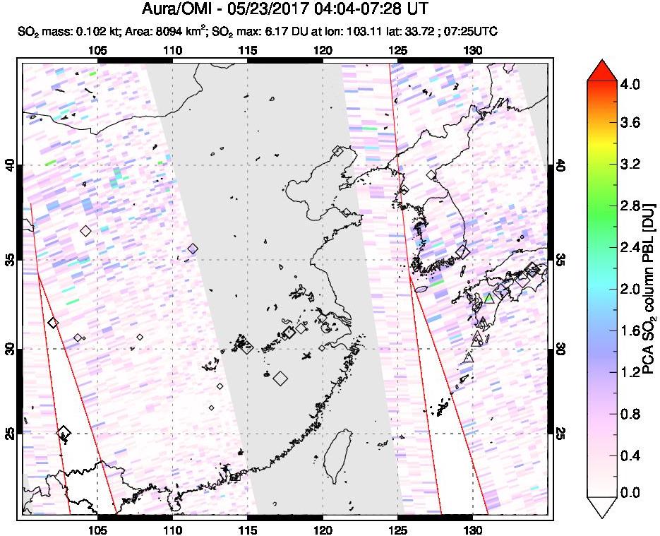 A sulfur dioxide image over Eastern China on May 23, 2017.
