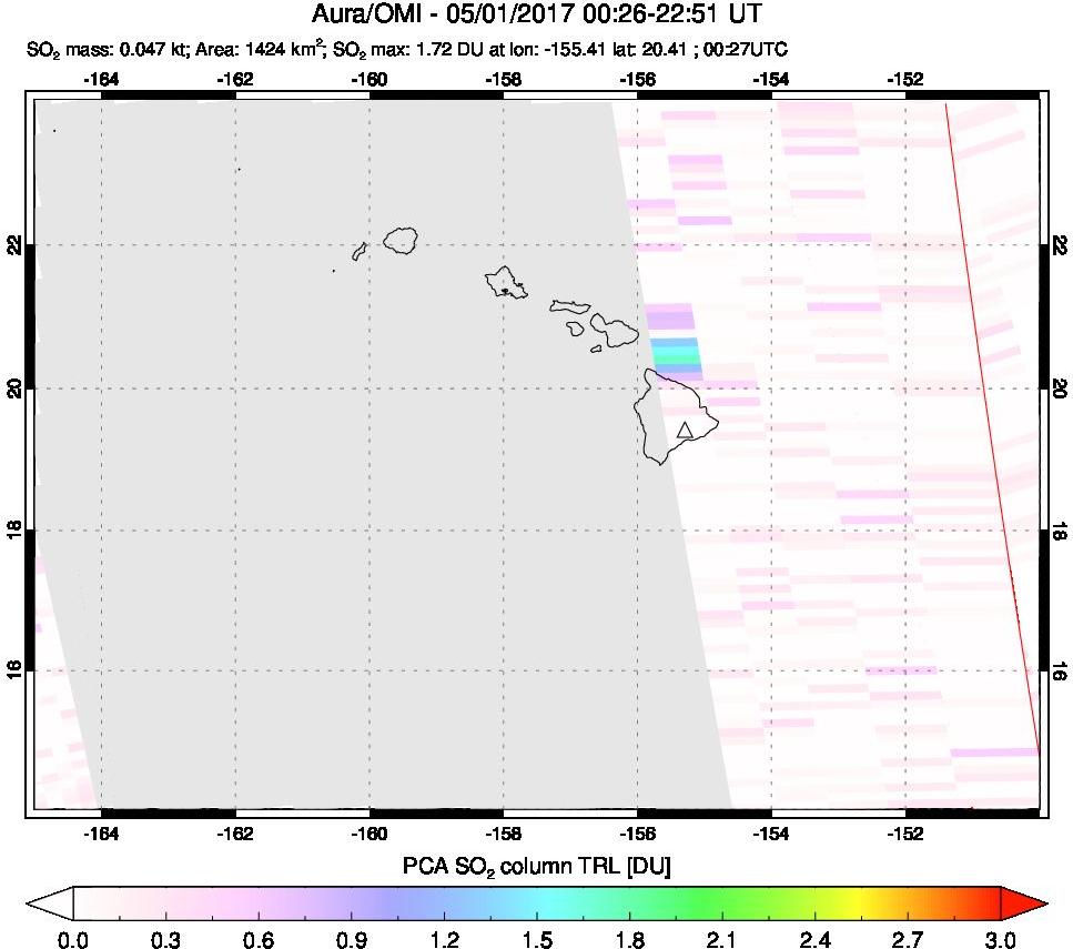 A sulfur dioxide image over Hawaii, USA on May 01, 2017.