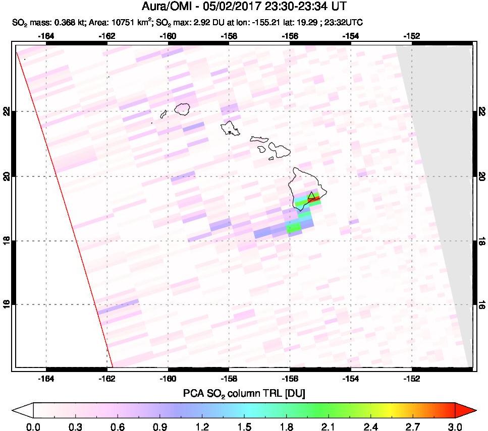 A sulfur dioxide image over Hawaii, USA on May 02, 2017.
