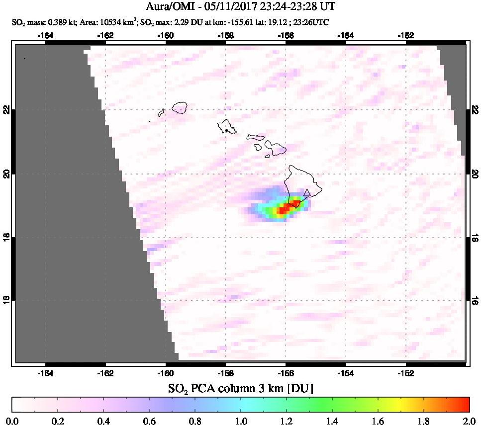 A sulfur dioxide image over Hawaii, USA on May 11, 2017.