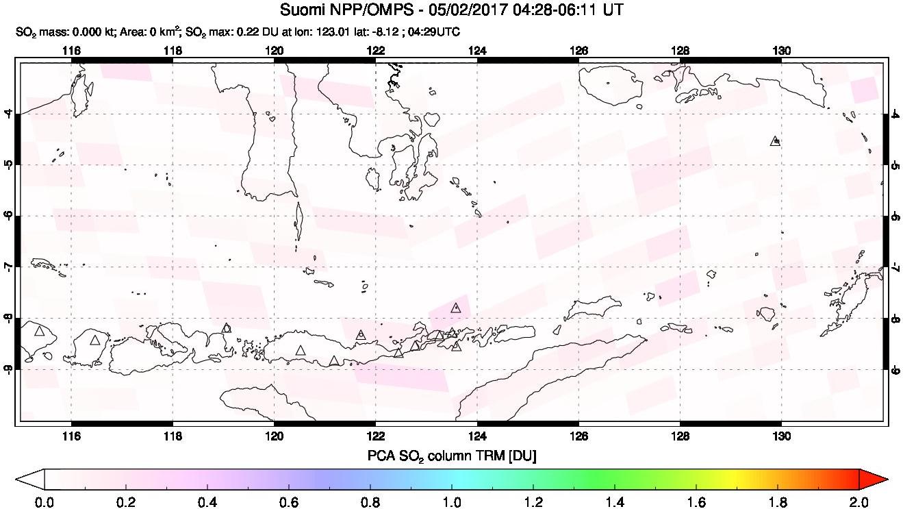 A sulfur dioxide image over Lesser Sunda Islands, Indonesia on May 02, 2017.