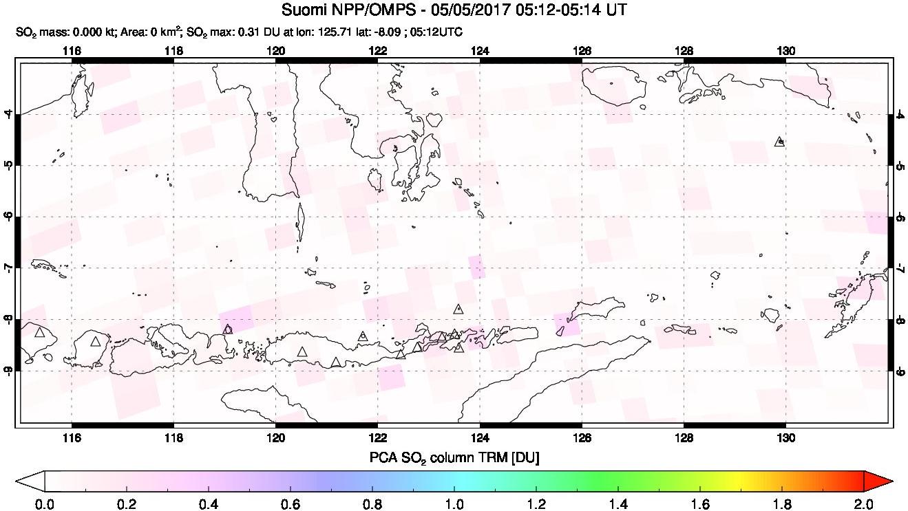 A sulfur dioxide image over Lesser Sunda Islands, Indonesia on May 05, 2017.