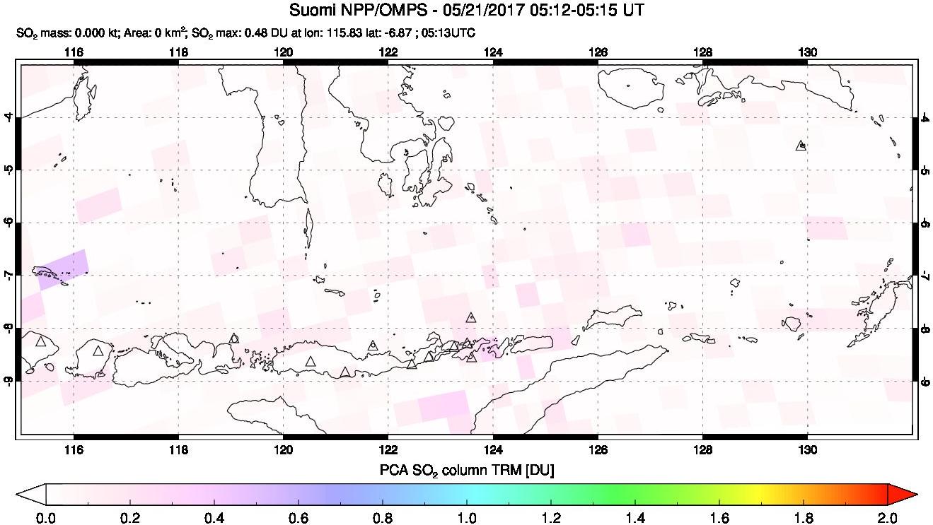 A sulfur dioxide image over Lesser Sunda Islands, Indonesia on May 21, 2017.