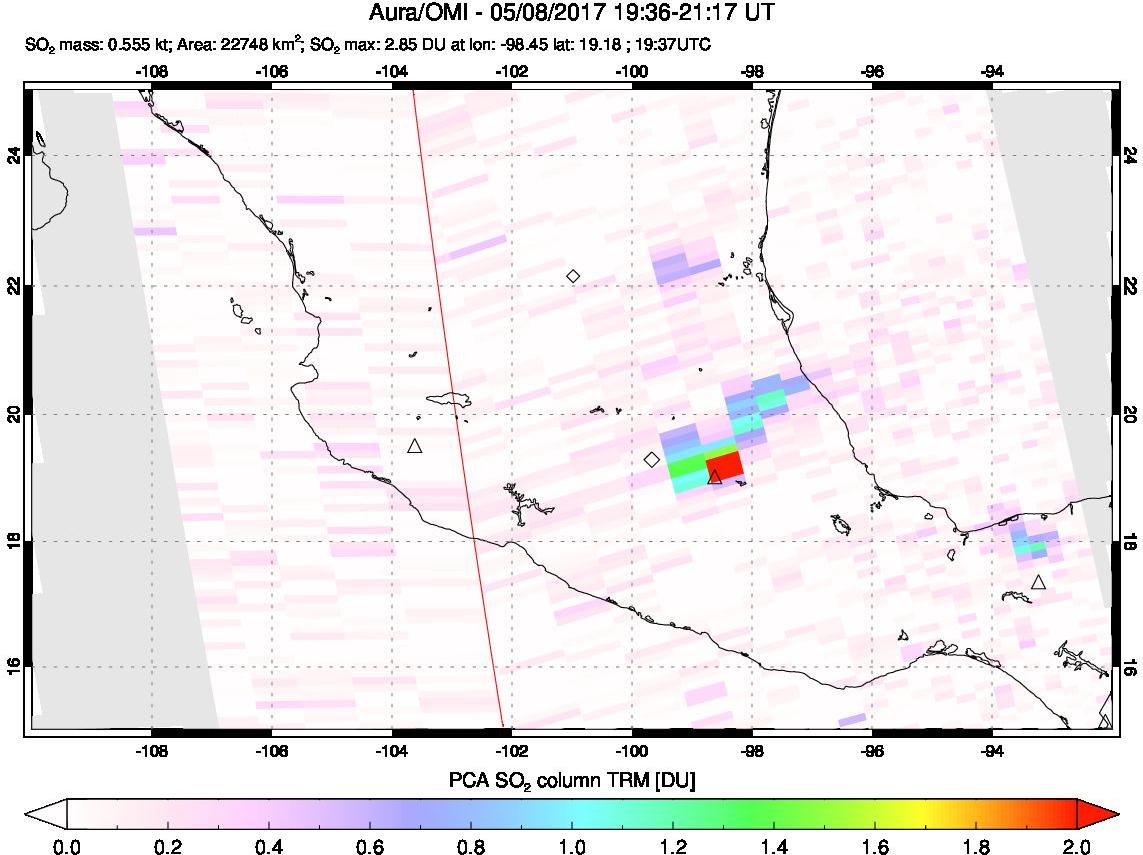 A sulfur dioxide image over Mexico on May 08, 2017.