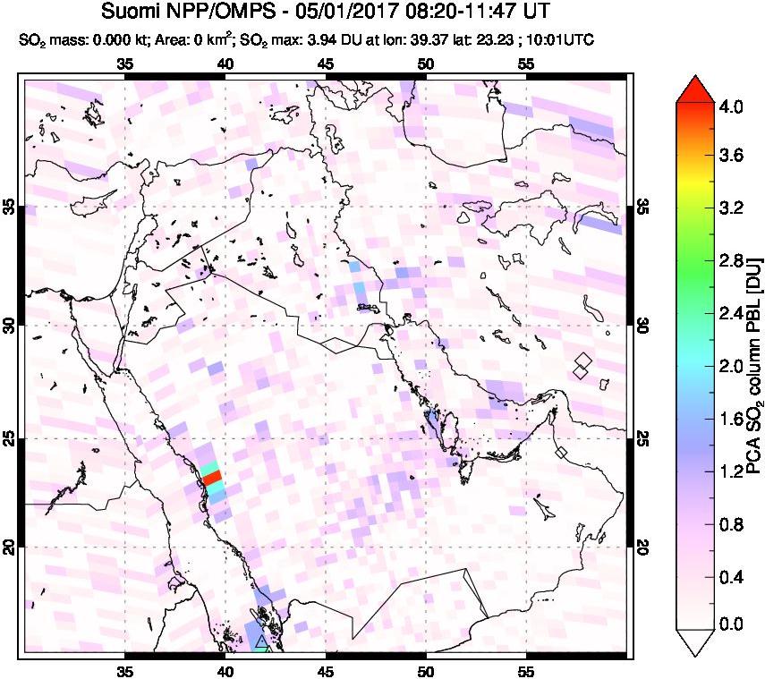 A sulfur dioxide image over Mideast on May 01, 2017.