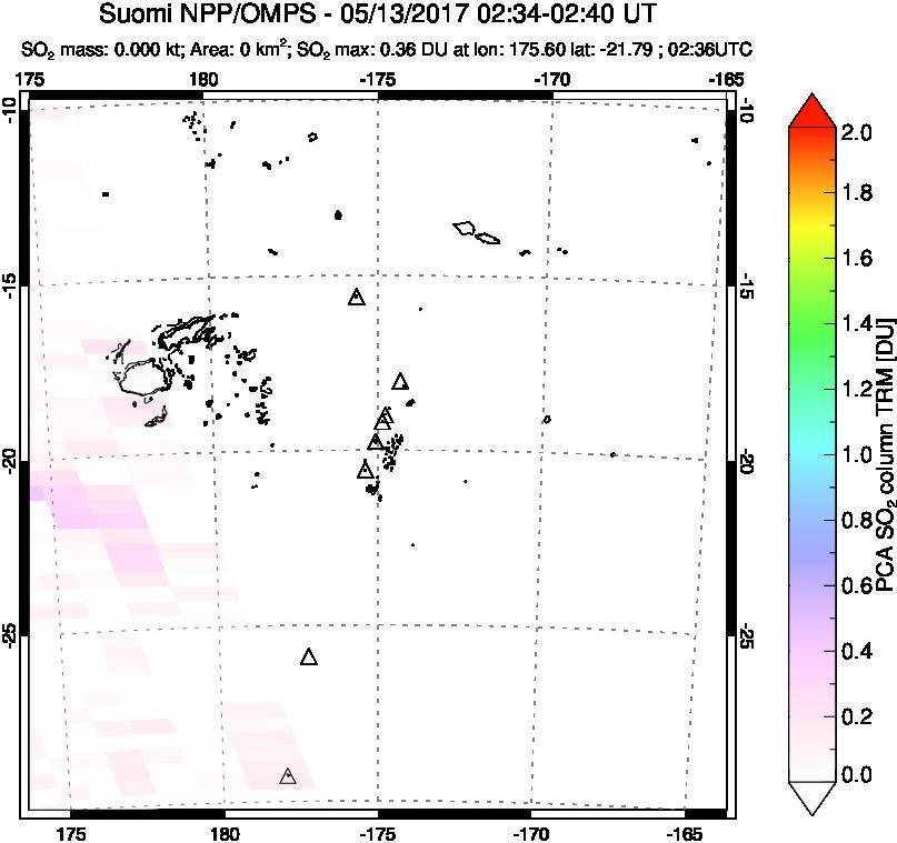 A sulfur dioxide image over Tonga, South Pacific on May 13, 2017.