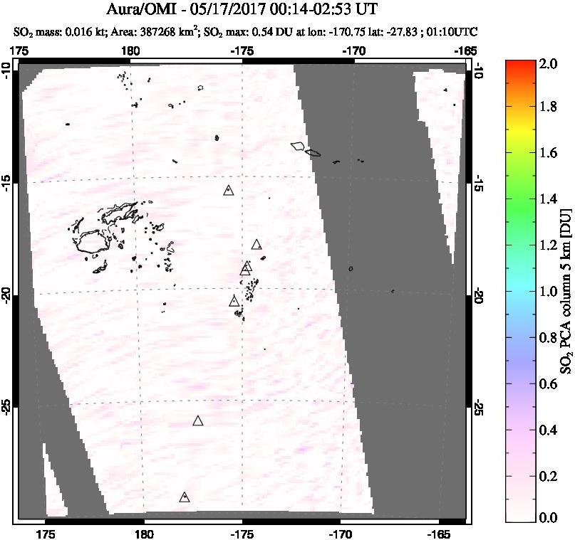 A sulfur dioxide image over Tonga, South Pacific on May 17, 2017.