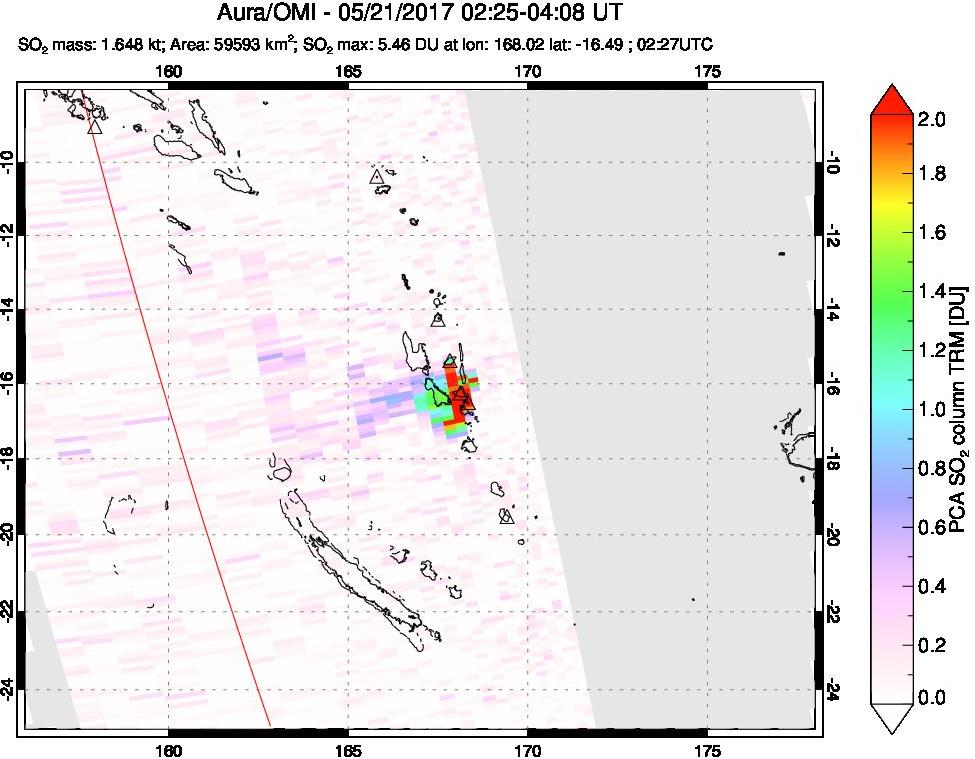 A sulfur dioxide image over Vanuatu, South Pacific on May 21, 2017.