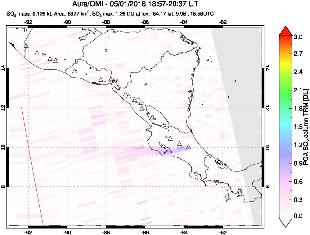 A sulfur dioxide image over Central America on May 01, 2018.