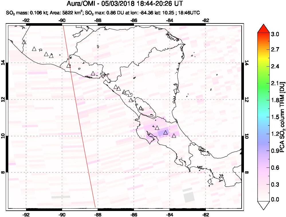 A sulfur dioxide image over Central America on May 03, 2018.