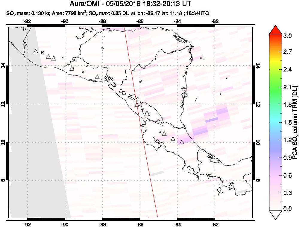 A sulfur dioxide image over Central America on May 05, 2018.