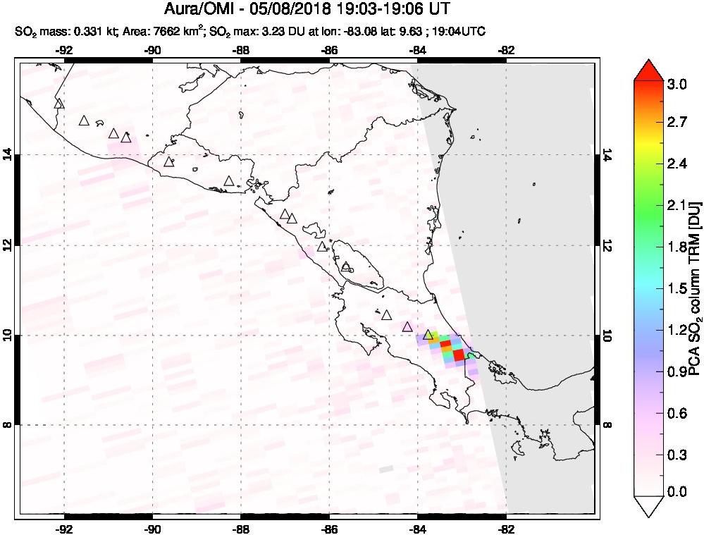 A sulfur dioxide image over Central America on May 08, 2018.